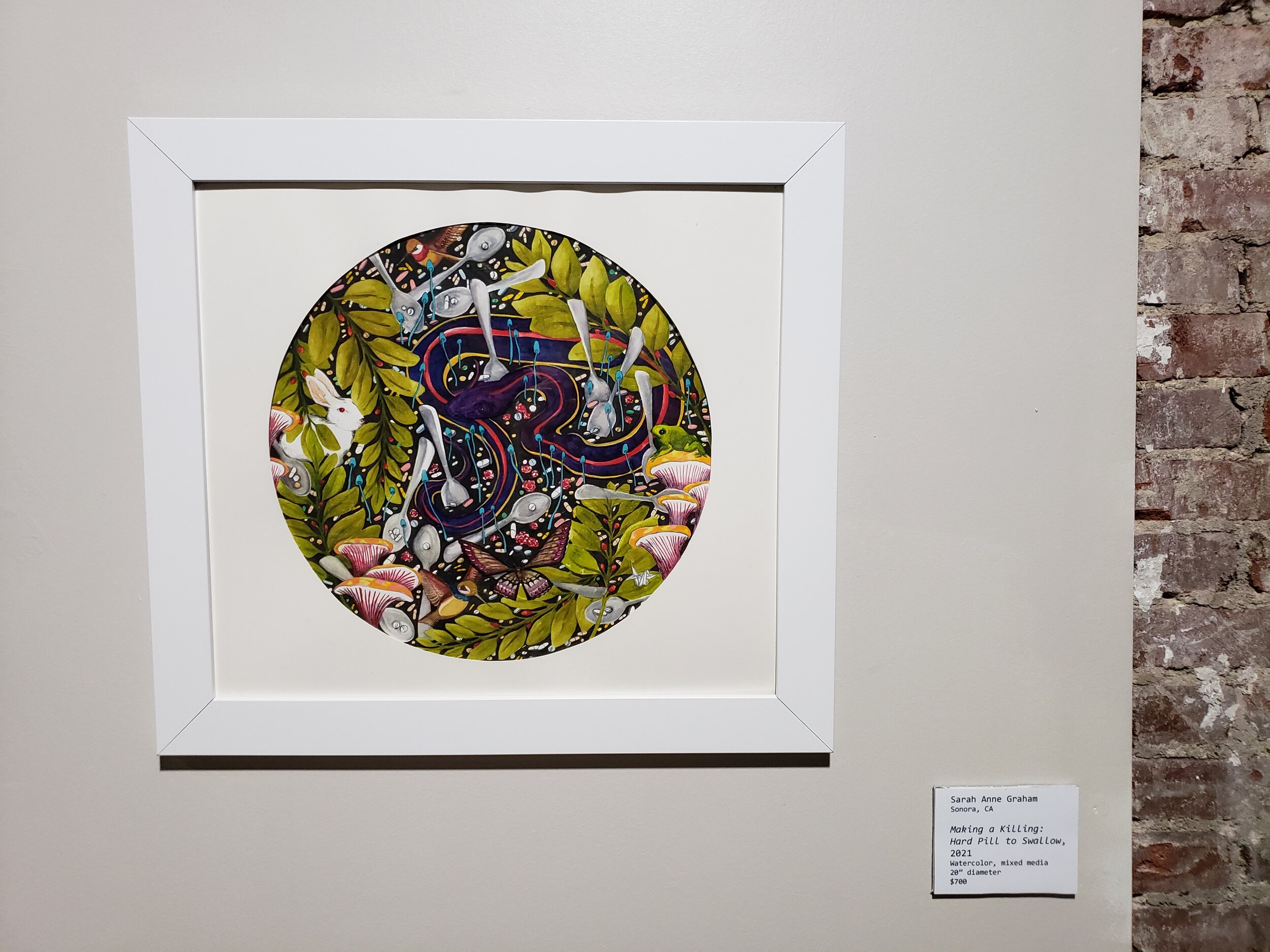 Sarah Anne Graham, Sonora, CA, Making a Killing: Hard Pill to Swallow, 2021, Watercolor, Mixed Media, 20” Diameter - $700.