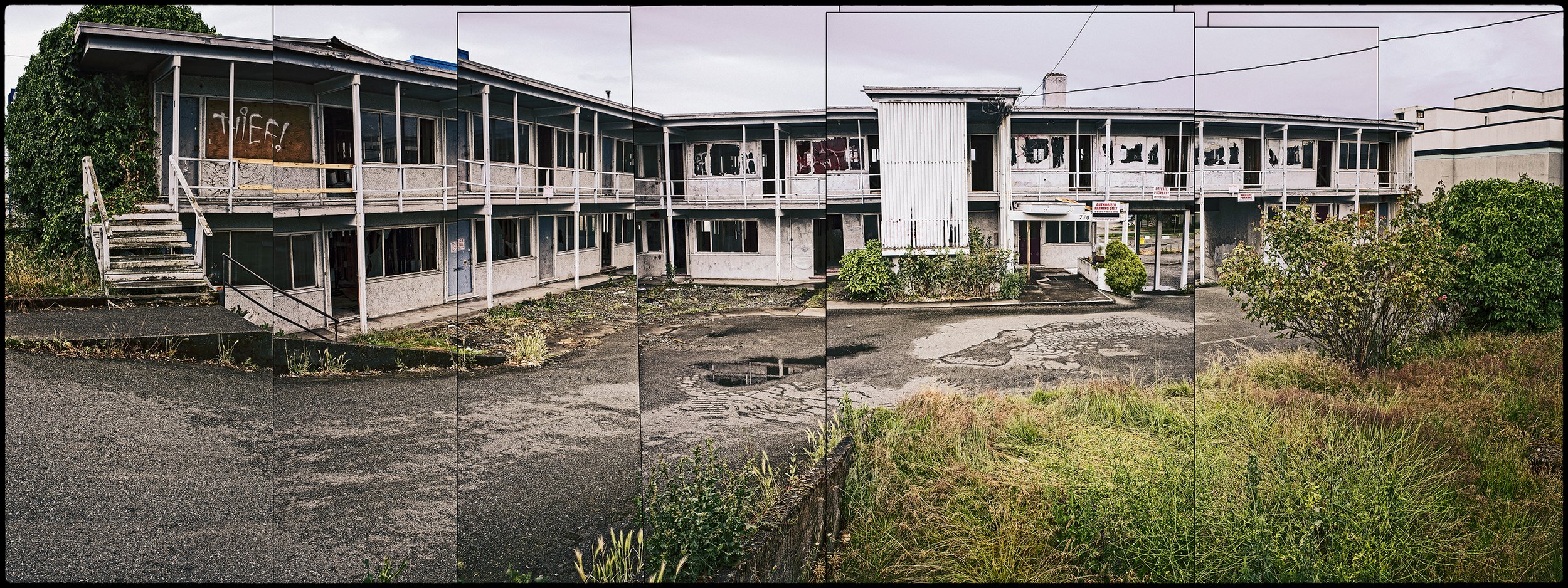 Holiday Court Motel, Photo collage/archival print, 24 x 9 in, 2012, $300, Francis Sullivan, Daajing Giids, British Columbia, Canada