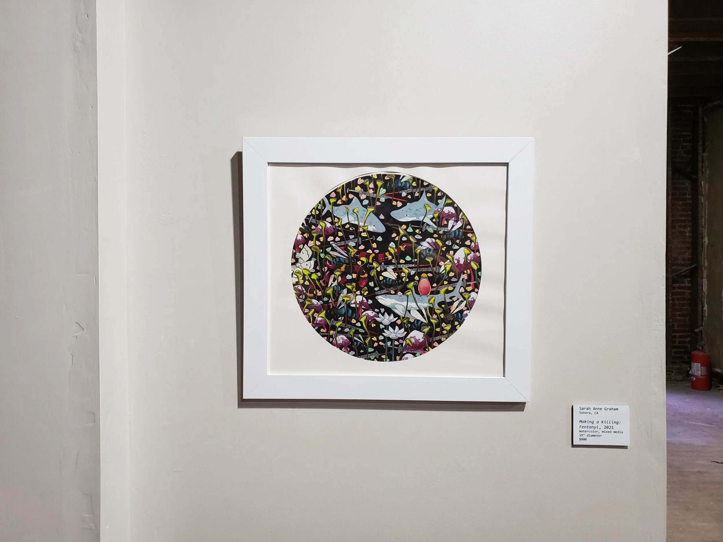 Sarah Anne Graham, Sonora, CA, Making a Killing: Fentanyl, 2021, Watercolor, Mixed Media, 19” Diameter - $800.