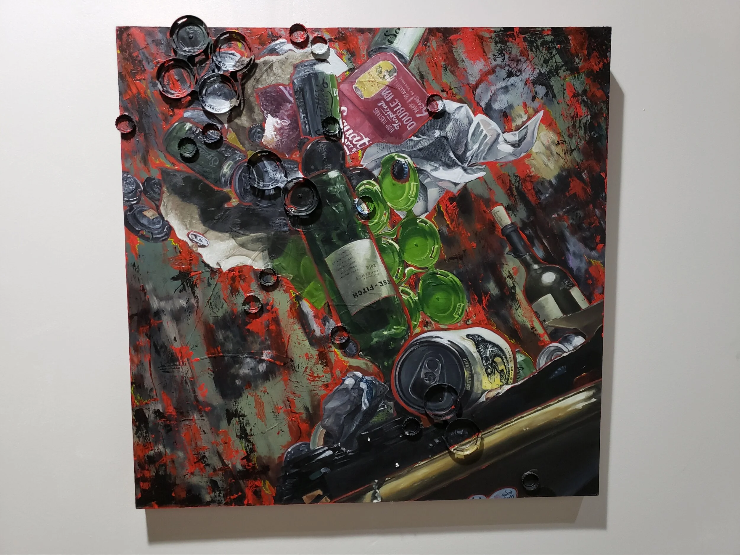 Sarah Lassiter, Little Rock, AR, Percarious, 2021, Oil on Panel with Found Objects, 30in x 30in - $1200.
