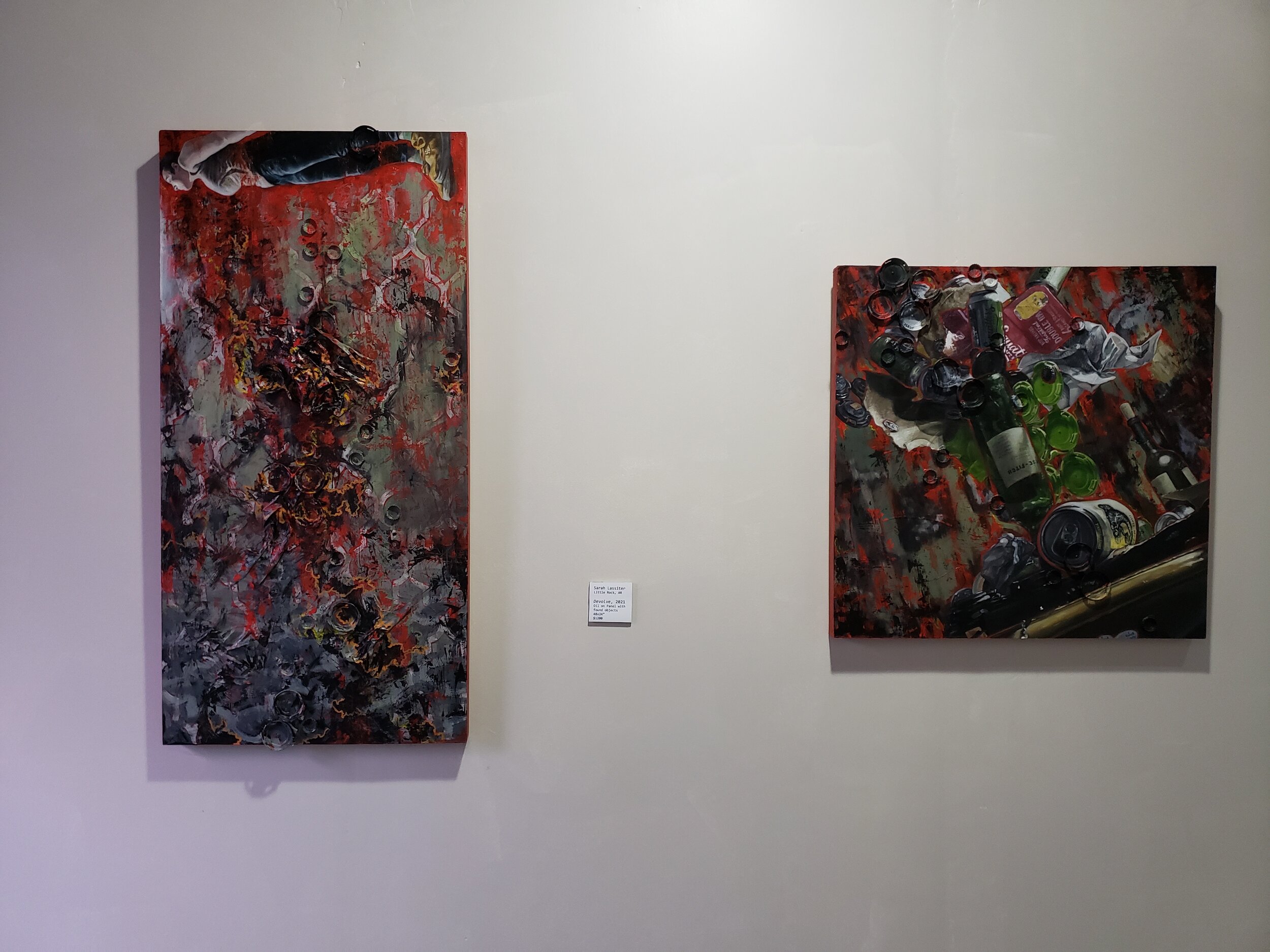 Left: Sarah Lassiter, Little Rock, AR, Devolve, 2021, Oil on Panel with, Found Objects, 48in x 24in - $1200.
Right: Sarah Lassiter, Little Rock, AR, Percarious, 2021, Oil on Panel with Found Objects, 30in x 30in - $1200.