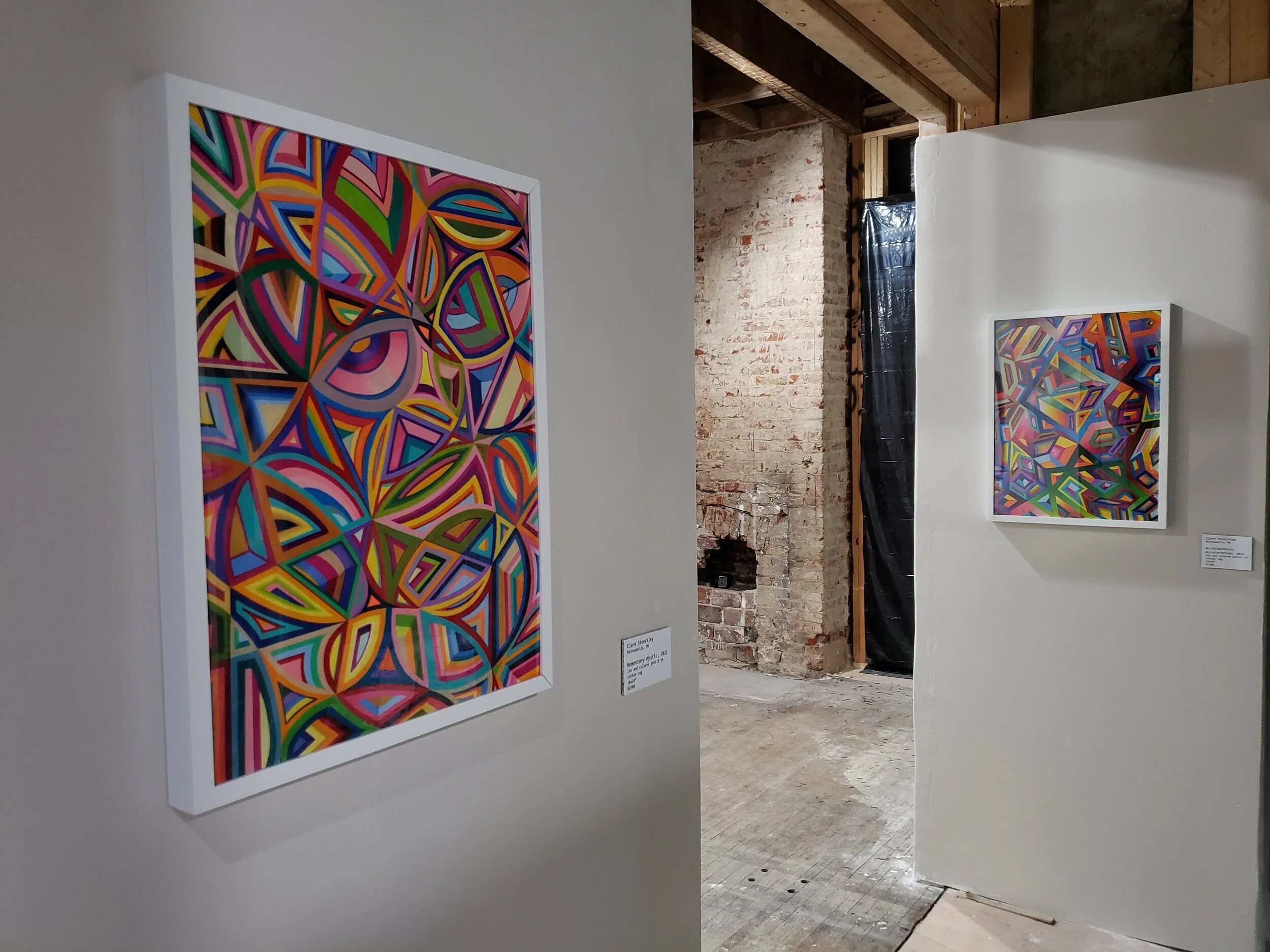 Left: Clark Stoeckley, Minneapolis, MS, Architectonic Acceleration, 2021, Ink and Colored Pencil on Cotton Rag, 18in x 24in - $2500.
Right: Clark Stoeckley, Minneapolis, MS, Momentary Mystic 2021, Ink and Colored Pencil on Cotton Rag, 18in x 24in -