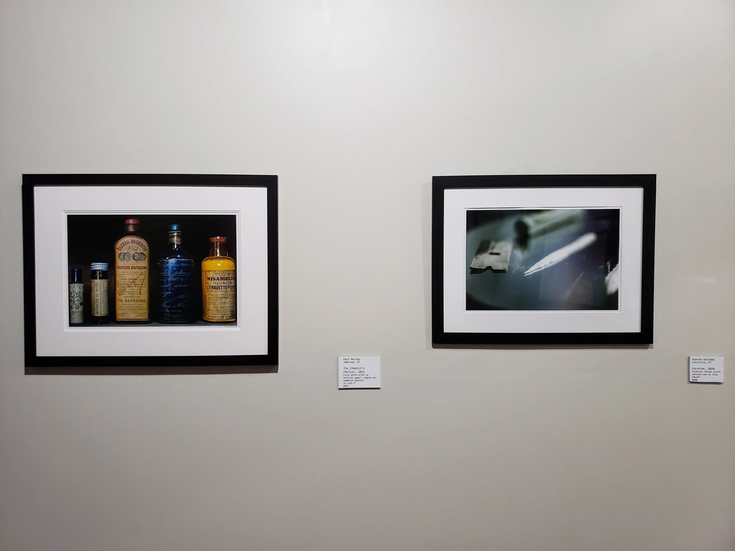 Left: Paul Murray, Jamestown, RI, The Chemist’s Choices, 2021, Color Photo Print on Archival Paper, Signed and Numbered Edition 22.5in x 29.5in - $995.
Right: Vyncex Gorlami, Louisville, KY, Cocaine, 2020, Archival Inkjet Print, Edition One of Five