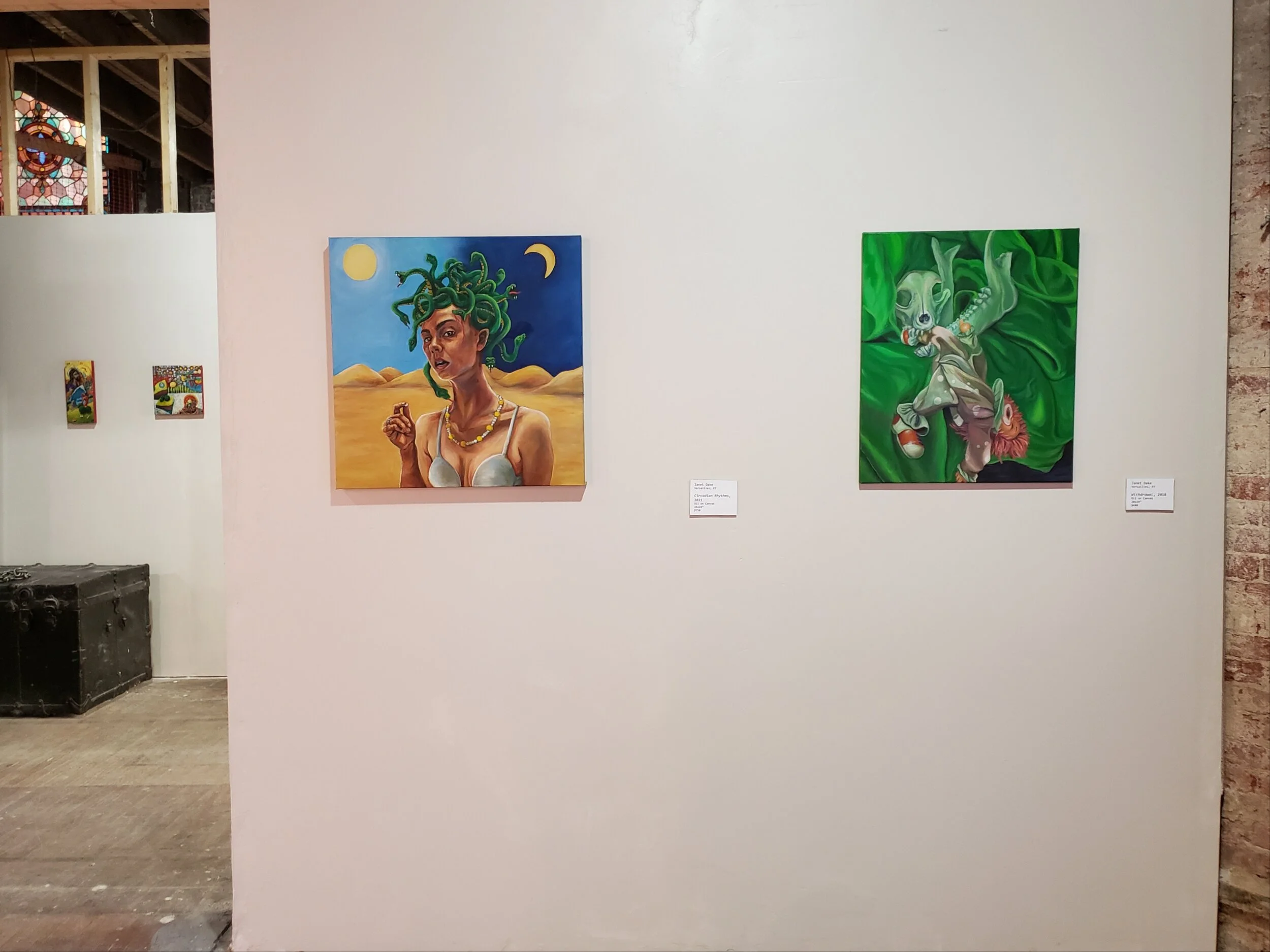 Left: Janet Dake, Versailles, KY, Circadian Rhythms, 2021, Oil on Canvas, 24in x 24in - $750.
Right: Janet Dake, Versailles, KY, Withdrawal, 2018, Oil on Canvas, 20in x 24in -$480.