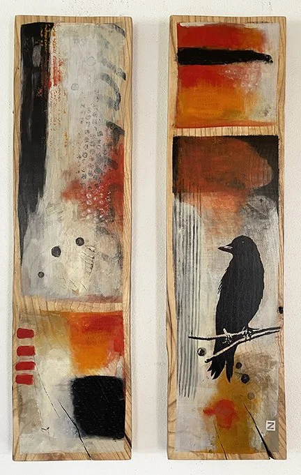'Crow Painting' - acrylic on scrap wood - 28 x 8" ( x 2 ) - 2025