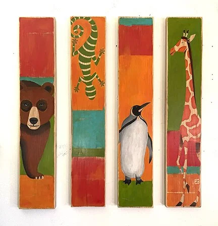 'Colin's Family Spirit Animals' - acrylic on repurposed ash wood - 7.5 x 40" (x4) - 2026