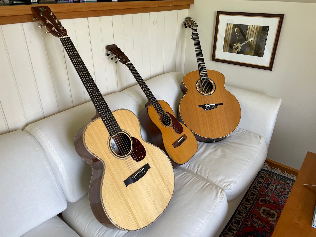  Ackerman’s Froggy Bottom Model K signature model, Martin 5-18, and Klein M-43, with John Fahey watching over.  