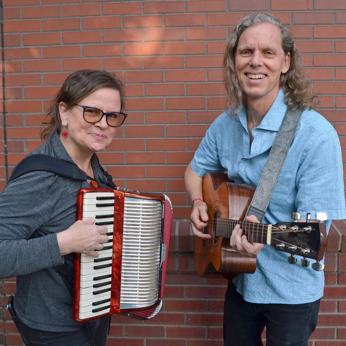 The music never stops! Tonight (Sat. 7/19) @wendy.sassafras.ramsay and I play the lovely, shady Price/Press backyard garden&mdash;one of our favorite summer events. Acoustic duets with guitar, accordion, flute, clarinet, Strumstick... Bring a chair a