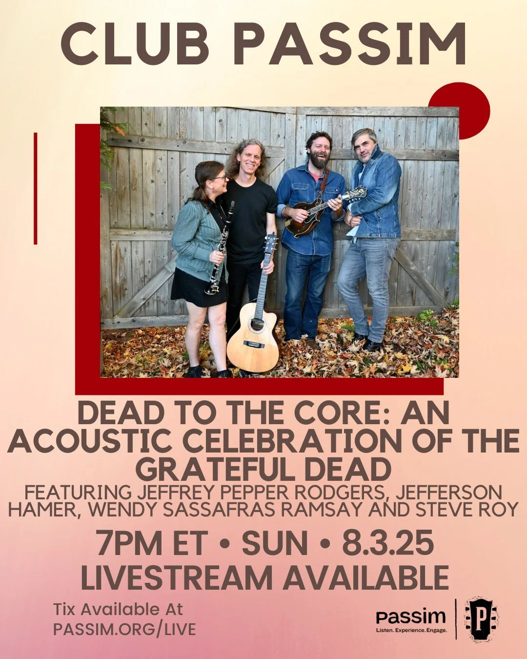 Never miss a Sunday show! Dead to the Core at Club Passim in Cambridge MA 8/3, in person or online.
🎟️ passim.org/live

#gratefuldead #nevermissasundayshow @hamer.jefferson @stevenanthonyroy @wendy.sassafras.ramsay @jeffreypepperrodgers