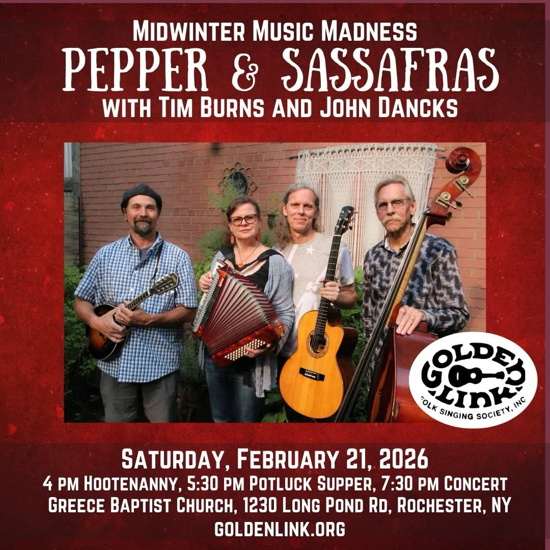 Rochester friends! Can&rsquo;t wait to be back on 2/21 for a @golden_link_folk concert with this awesome quartet: Wendy Sassafras Ramsay on clarinet, accordion, flute, and guitar; Tim Burns on guitar and mandolin; John Dancks on upright bass; and you