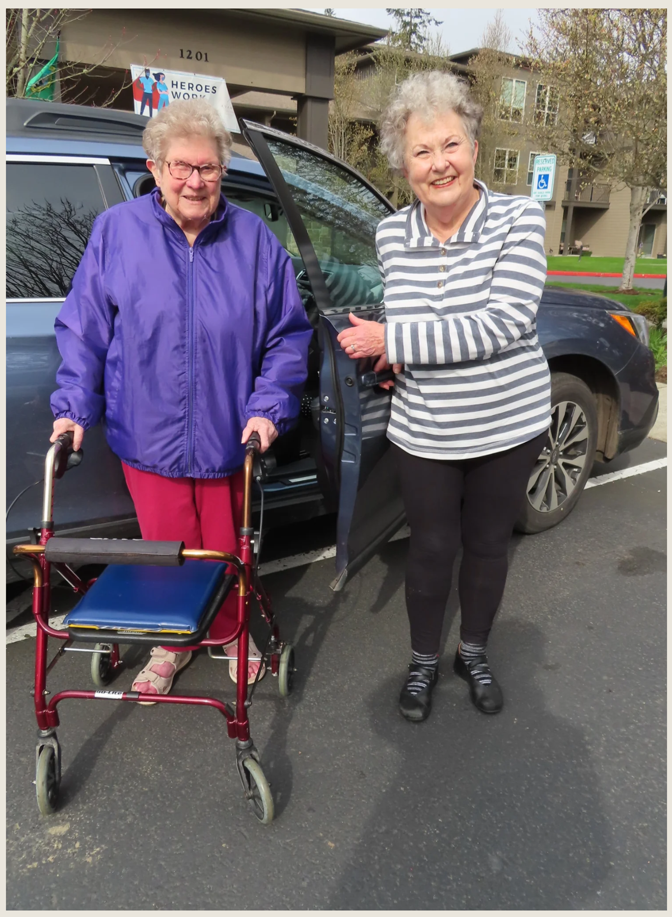 Person assisting someone using a walker.. Decorative content.