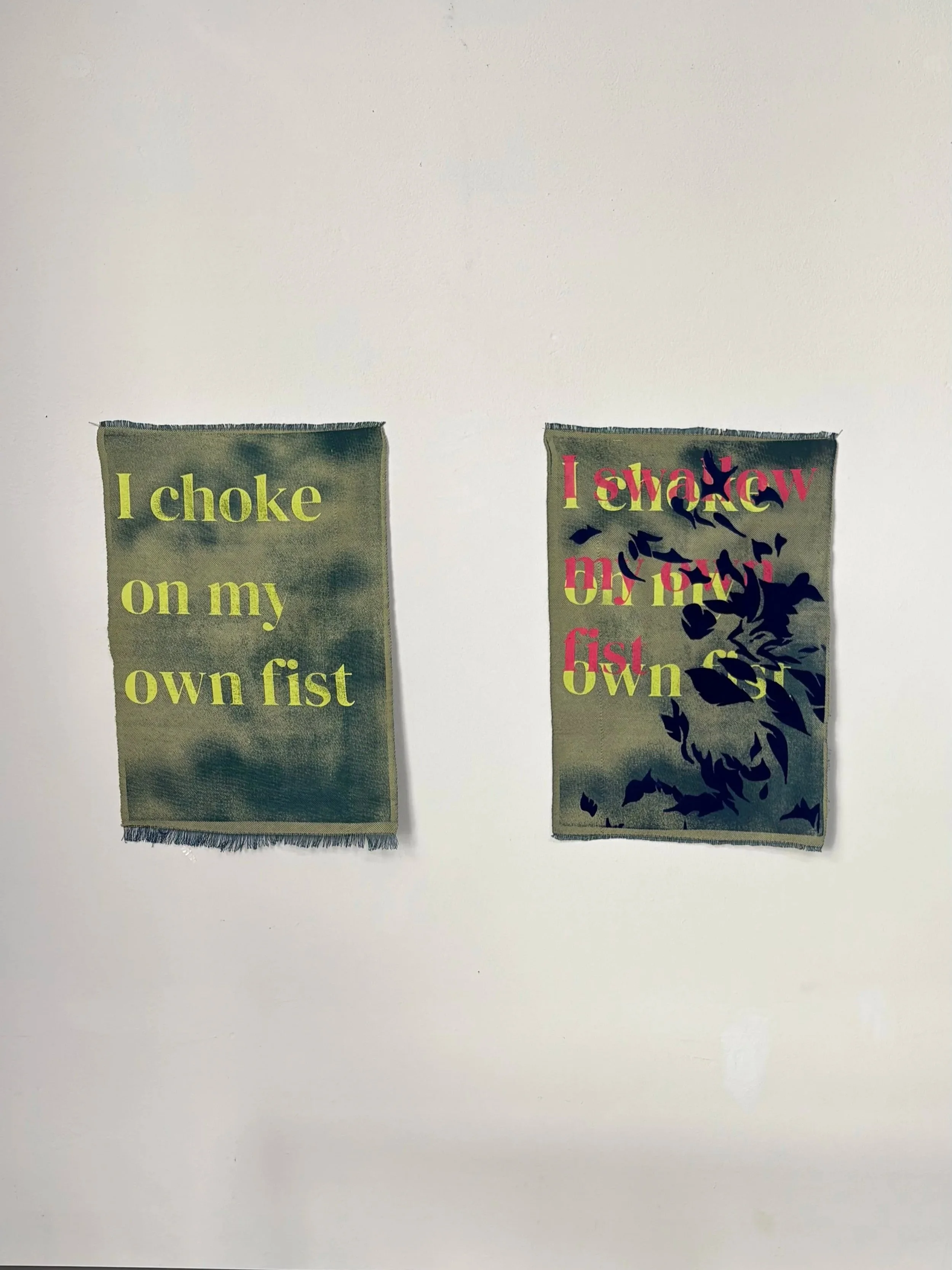 "I swallow my own fist", silkscreen & flocking on woven cloth, 17 x 24" each (2026)