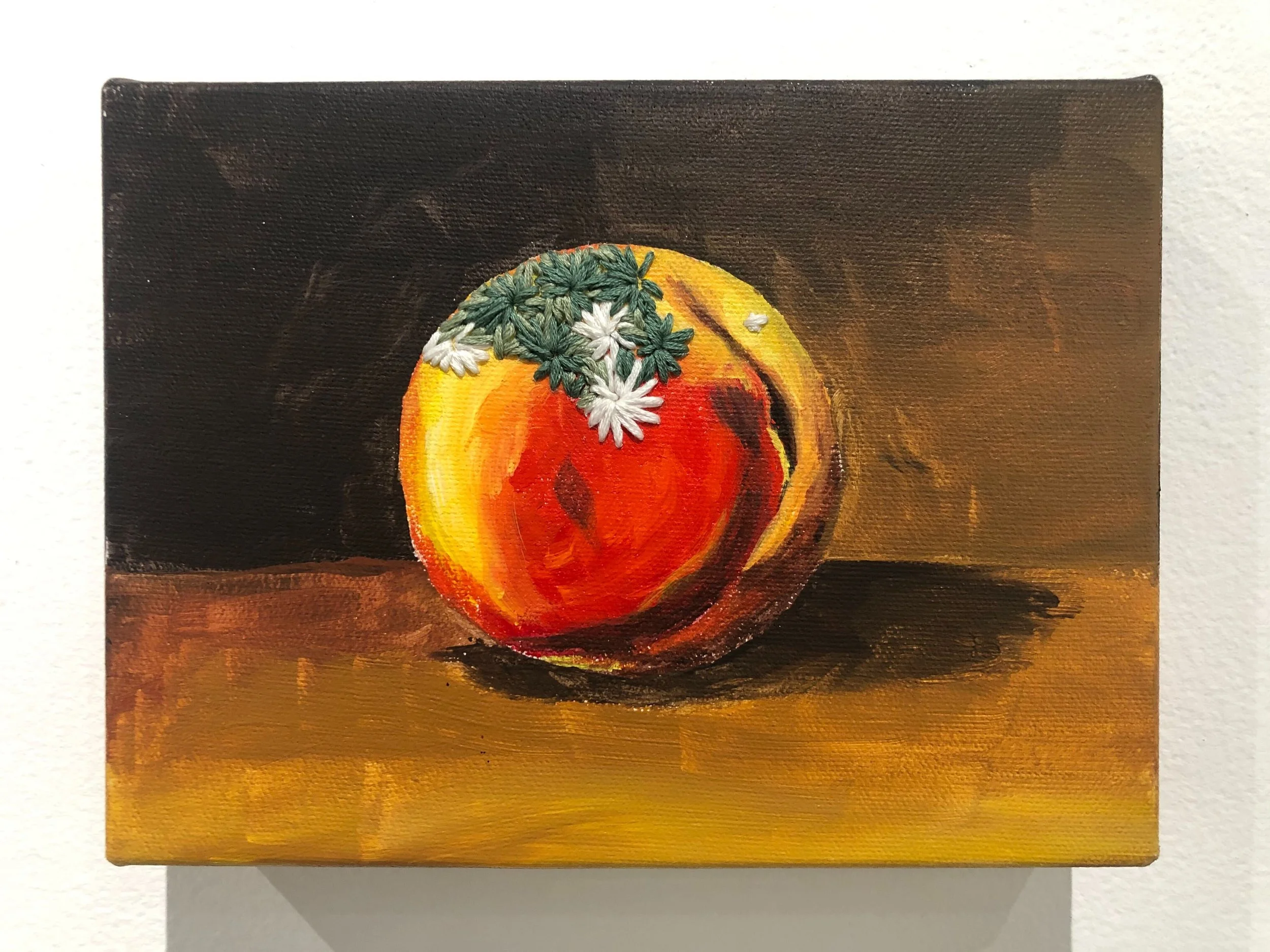Ripe, acrylic & embroidery on canvas, 6 x 8 inches, 2020