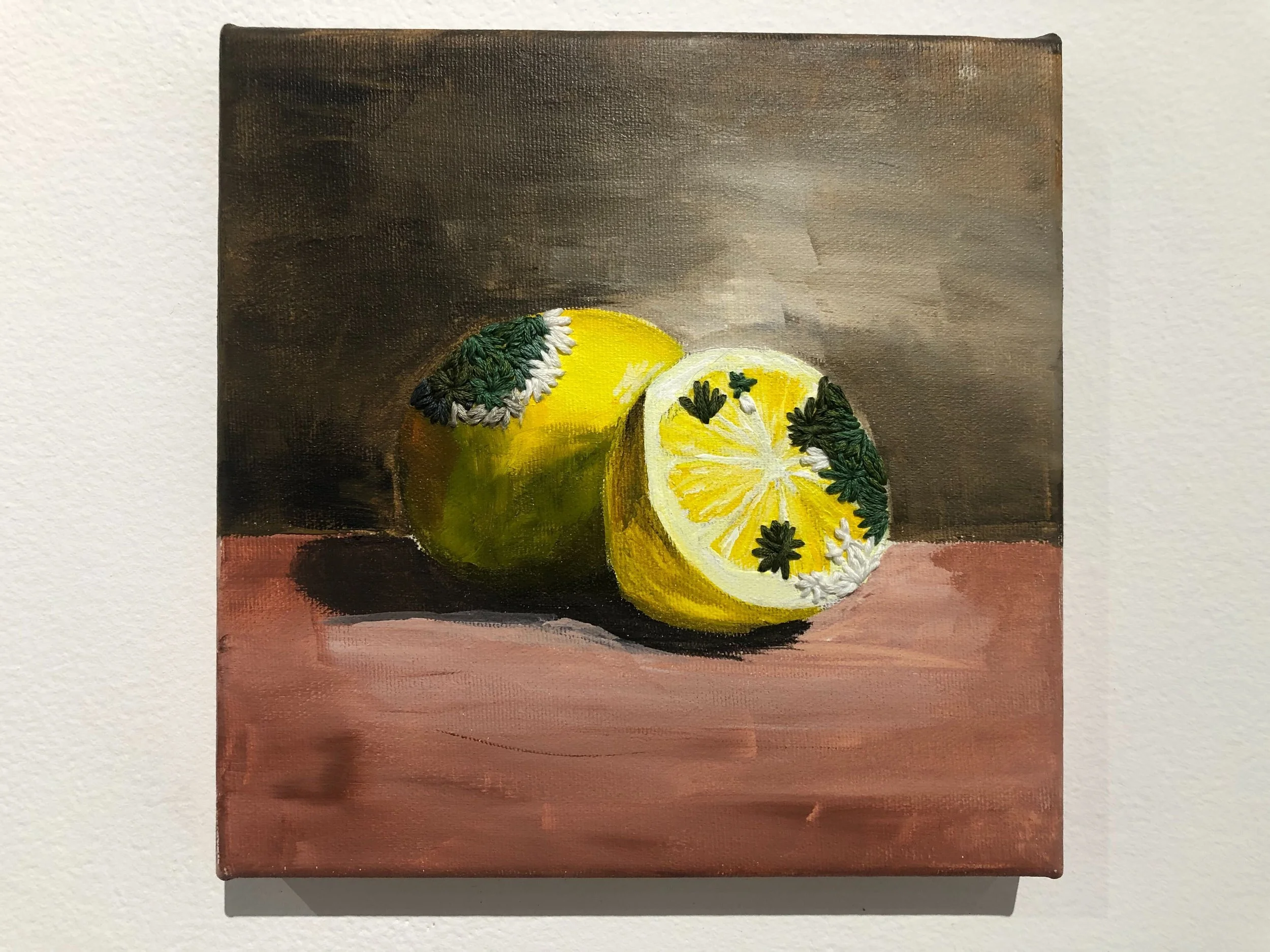Tart, acrylic & embroidery on canvas, 8 x 8 inches