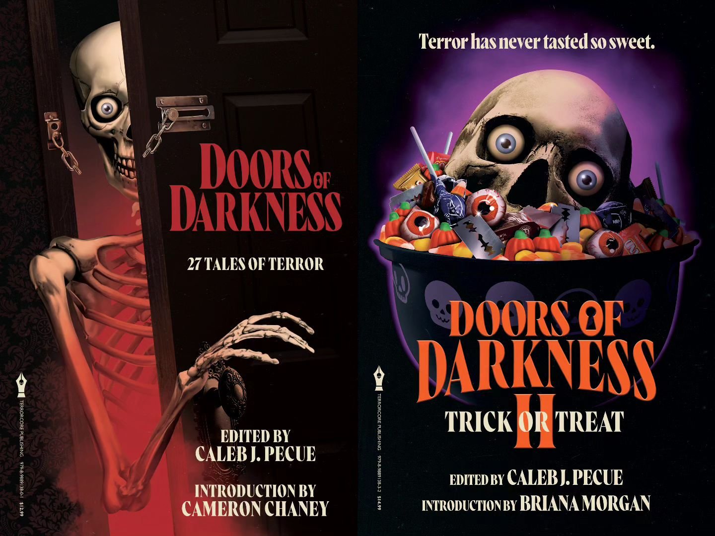 Doors of Darkness and Doors of Darkness II: Trick or Treat book covers that I designed and illustrated for @terrorcorepublishing. It's fun seeing these side by side. It was also fun getting to bring this skeleton back to life for the second collectio