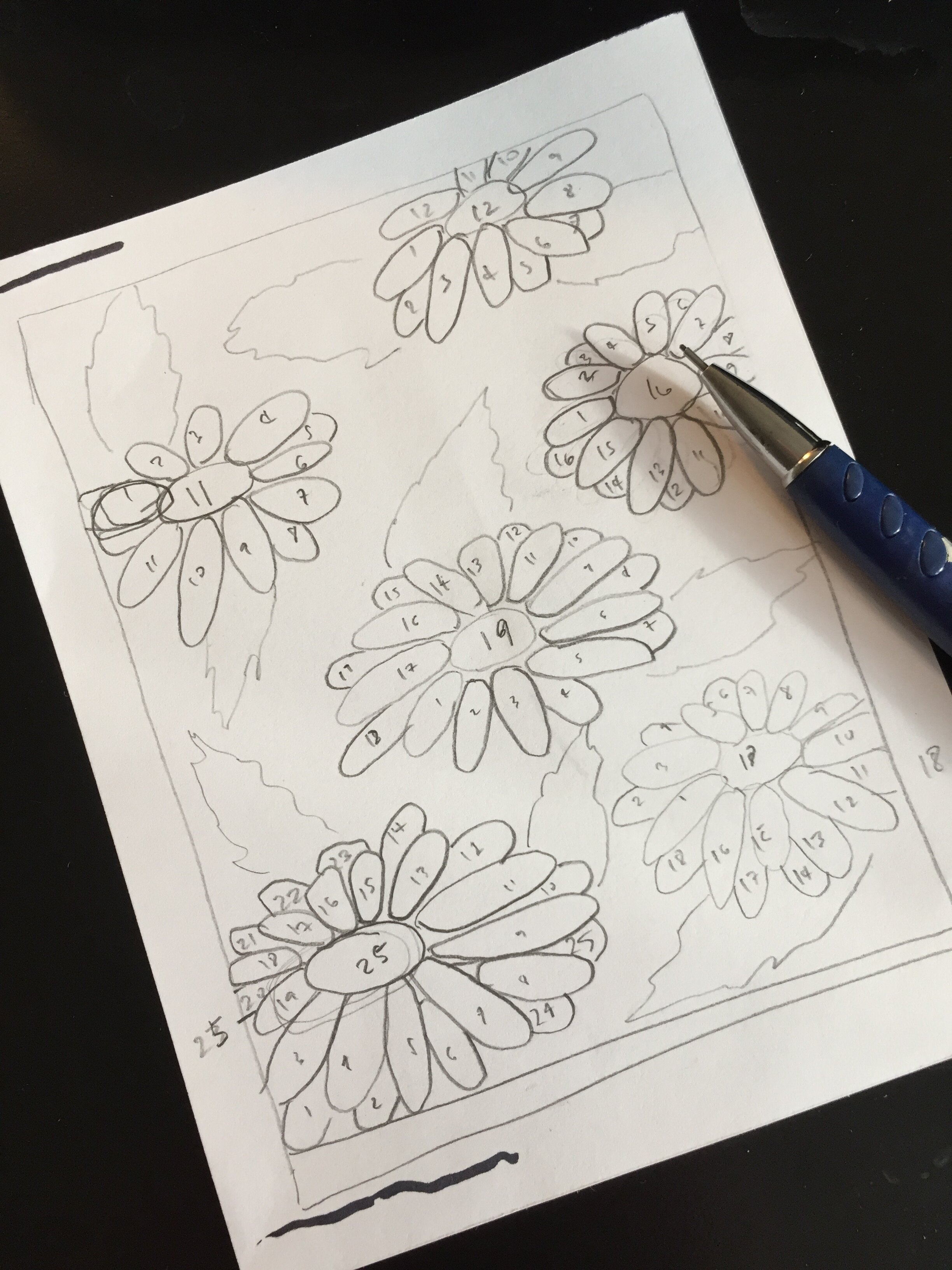 Initial sketch depicting 6 flowers with the number of scholarships awarded each year.