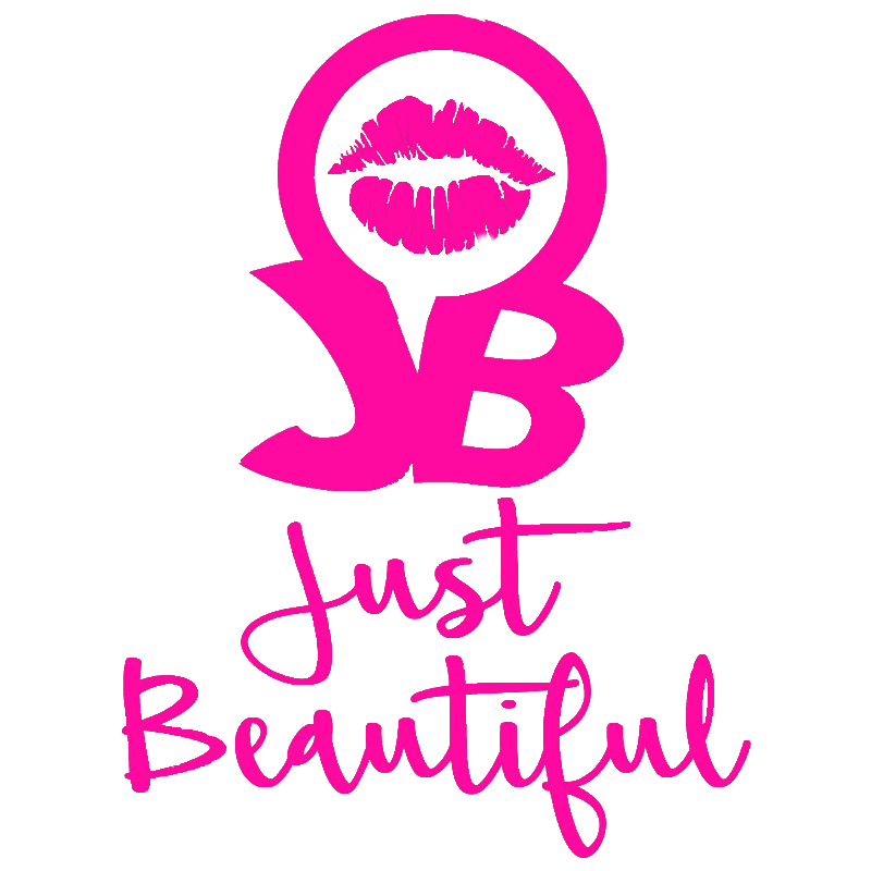Logo with pink lips inside a magnifying glass, the letters 'J' and 'B' on either side, and the phrase 'Just Beautiful' written below in pink handwritten font.