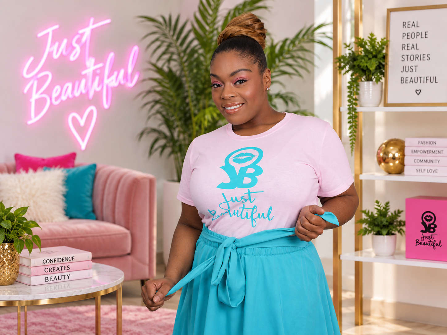 A woman standing indoors smiling at the camera, wearing a pink t-shirt with blue writing and a blue skirt, with a bun hairstyle. The background has a pink neon sign that says 'Just Beautiful' with a heart, a pink couch with blue and white pillows, and shelves with plants and decorative items.