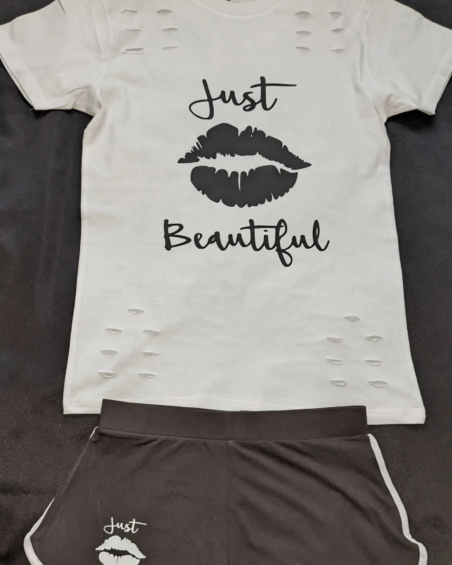Just Beautiful Distressed White Tee & Black Shorts Set