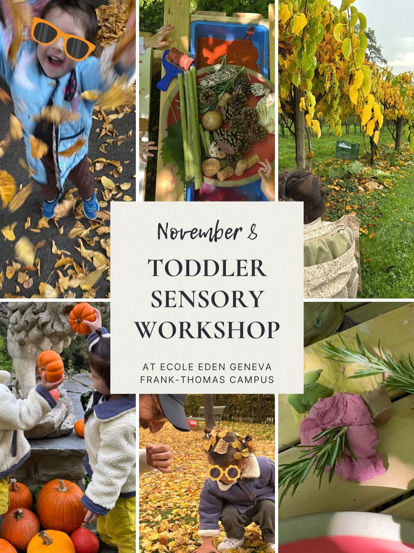 🍁 Family Sensory Workshop (Ages 2–4)
🗓️ Date: Saturday, November 8
🕞 Time: 3:30–5:30 PM
📍 Location: École Eden – Frank-Thomas Campus (Frank-Thomas Road, 1208 Geneva)
🗣️ Language: English
Join us for a joyful, hands-on e