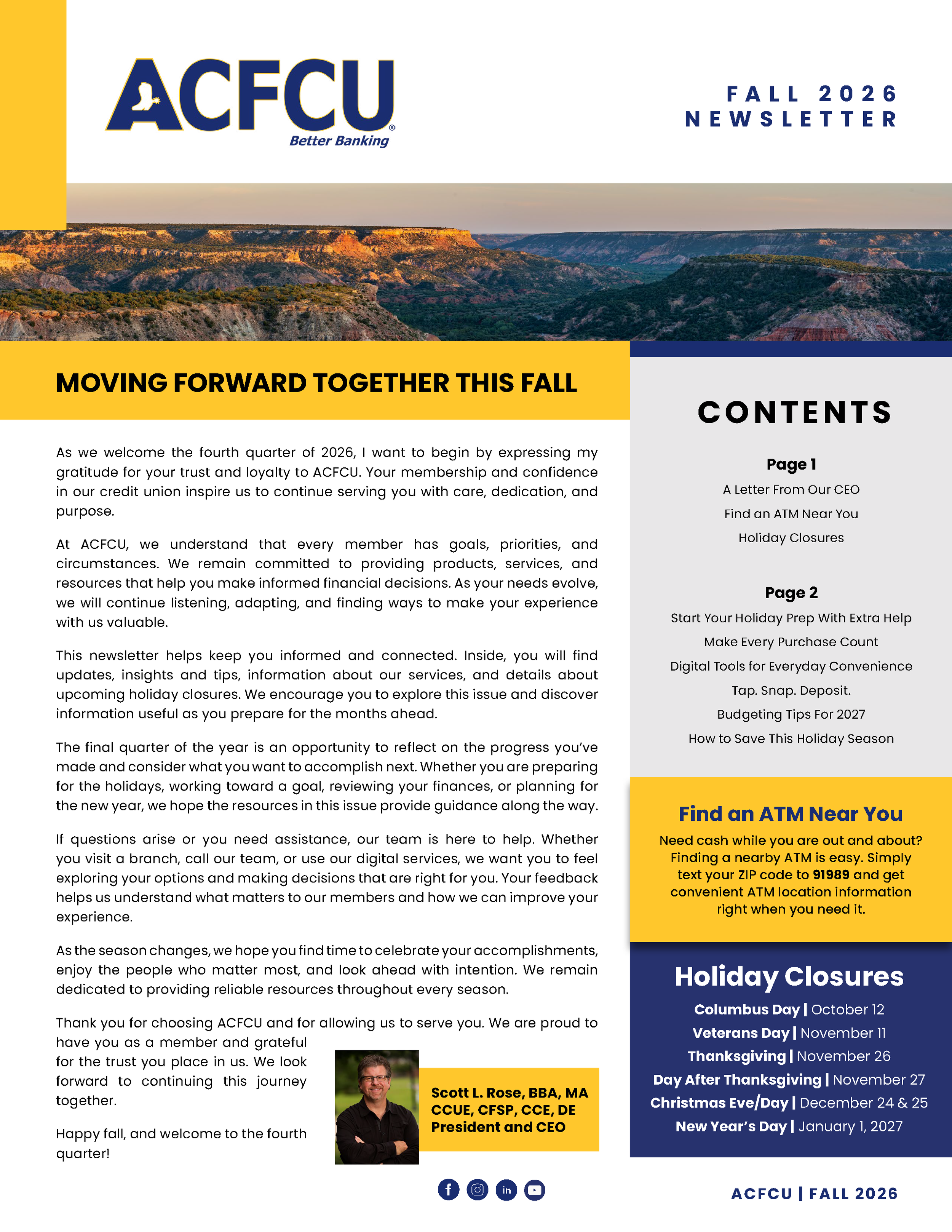 ACFCU fall 2026 newsletter with a landscape photo of a canyon at sunset, and sections of text including a welcome message, holiday closure dates, and contact information.