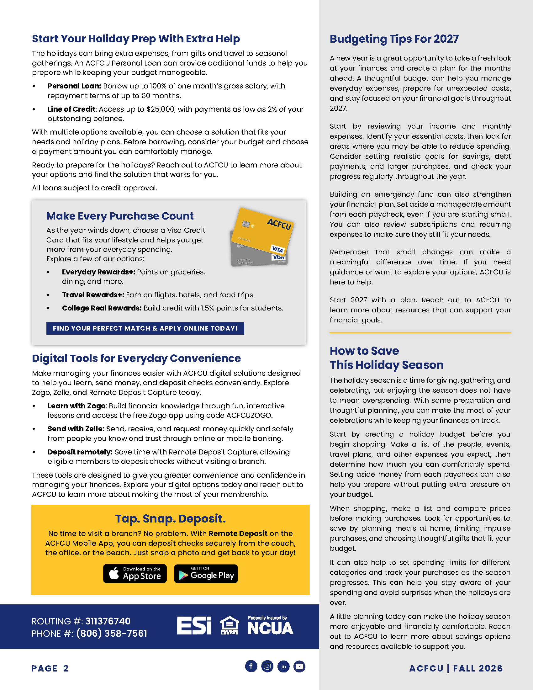 An informational brochure from ACFCU with financial and budgeting tips for the 2026 fall season, featuring a yellow section promoting remote check deposits via mobile app, and contact information including routing and phone numbers.