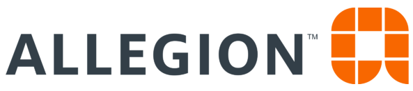Allegion logo featuring the company name in black text and an orange icon resembling a cross or window pane.