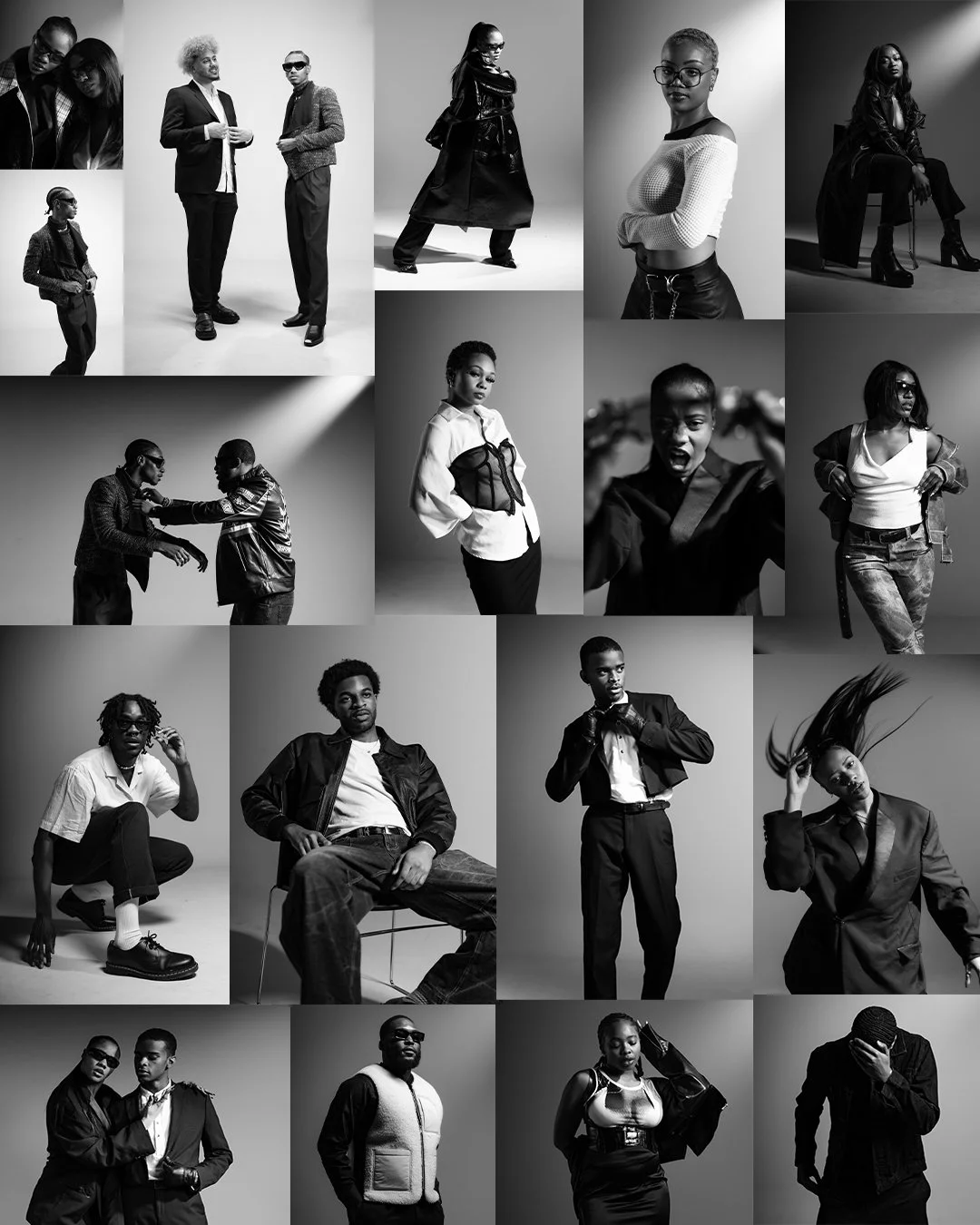 Black and white fashion portraits of diverse individuals in various stylish poses.