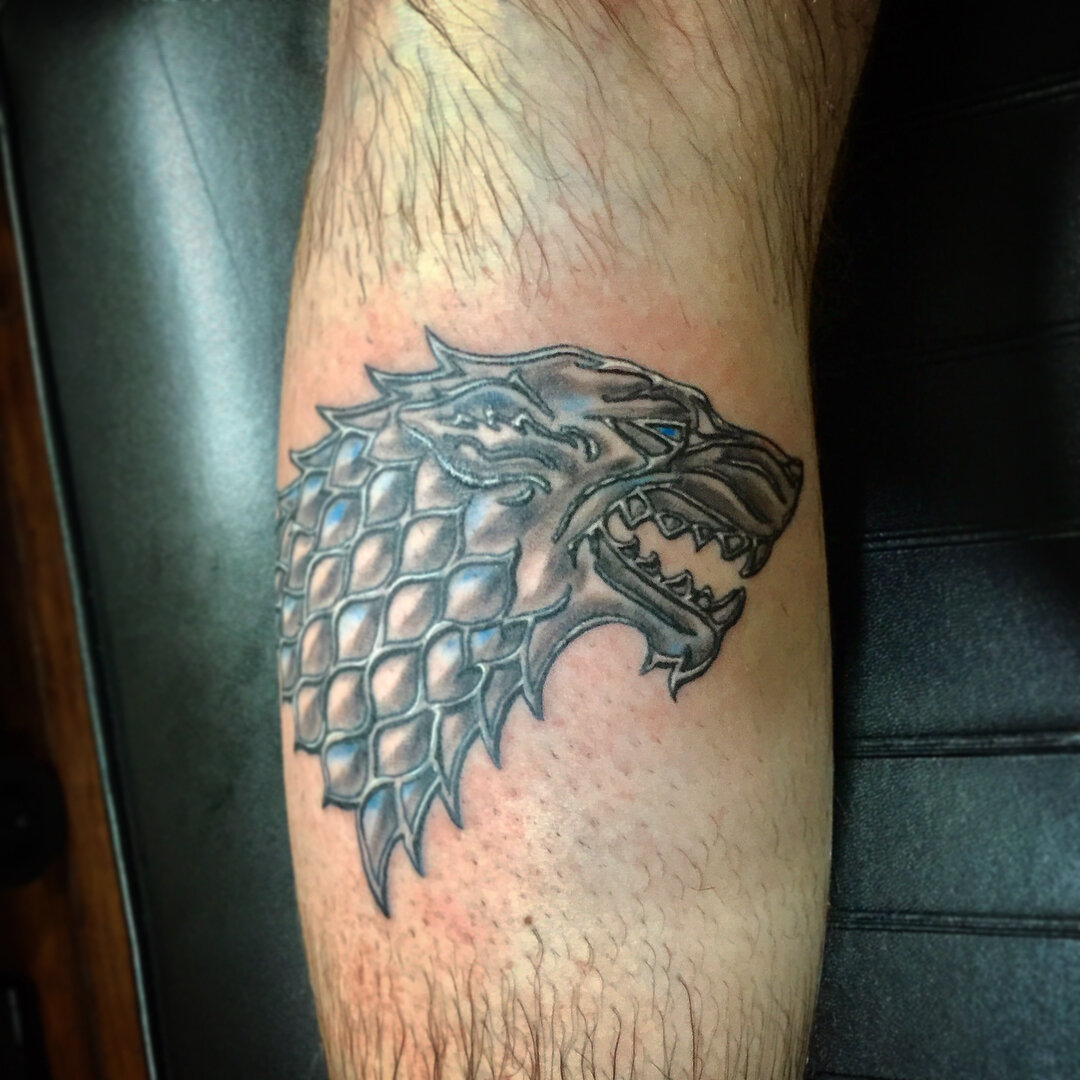 Dire wolf. #direwolf #gameofthrones #stark #tattoo #tattoos #ink #art @campbell_tattoo_shop