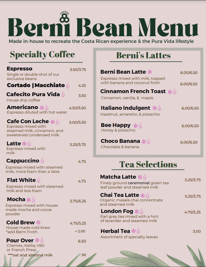 Menu — The Berni Bean Coffee Co.
