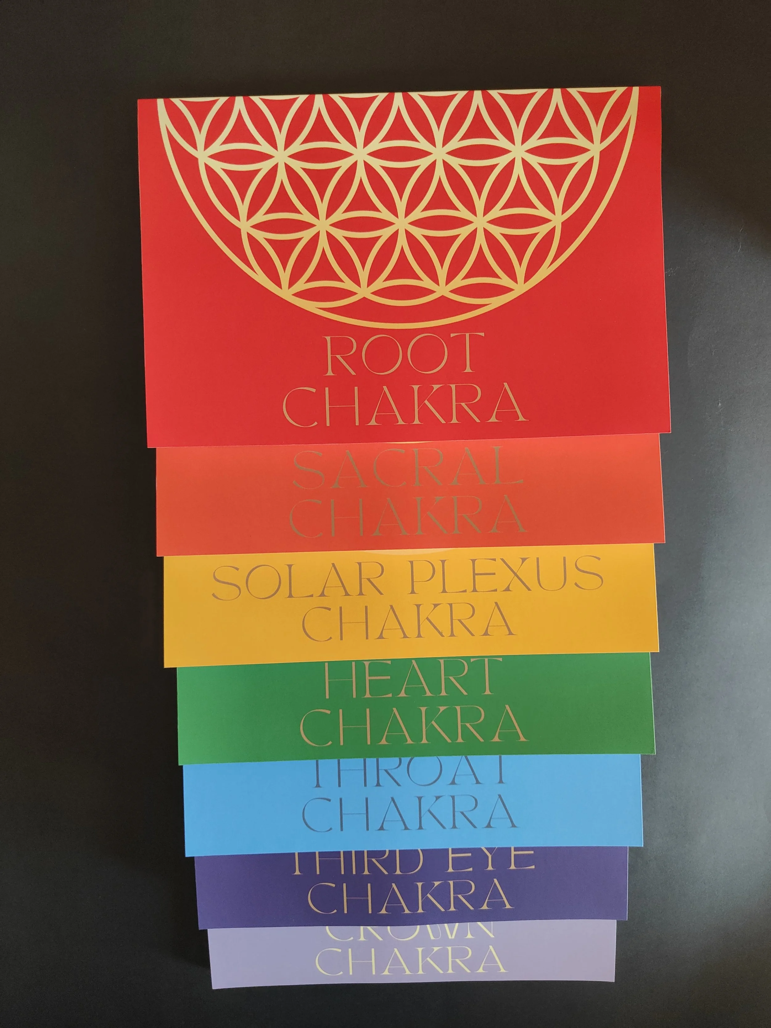 Stack of seven colorful cards, each labeled with different chakra names: Root Chakra, Sacral Chakra, Solar Plexus Chakra, Heart Chakra, Throat Chakra, Third Eye Chakra, Crown Chakra, arranged from top to bottom.