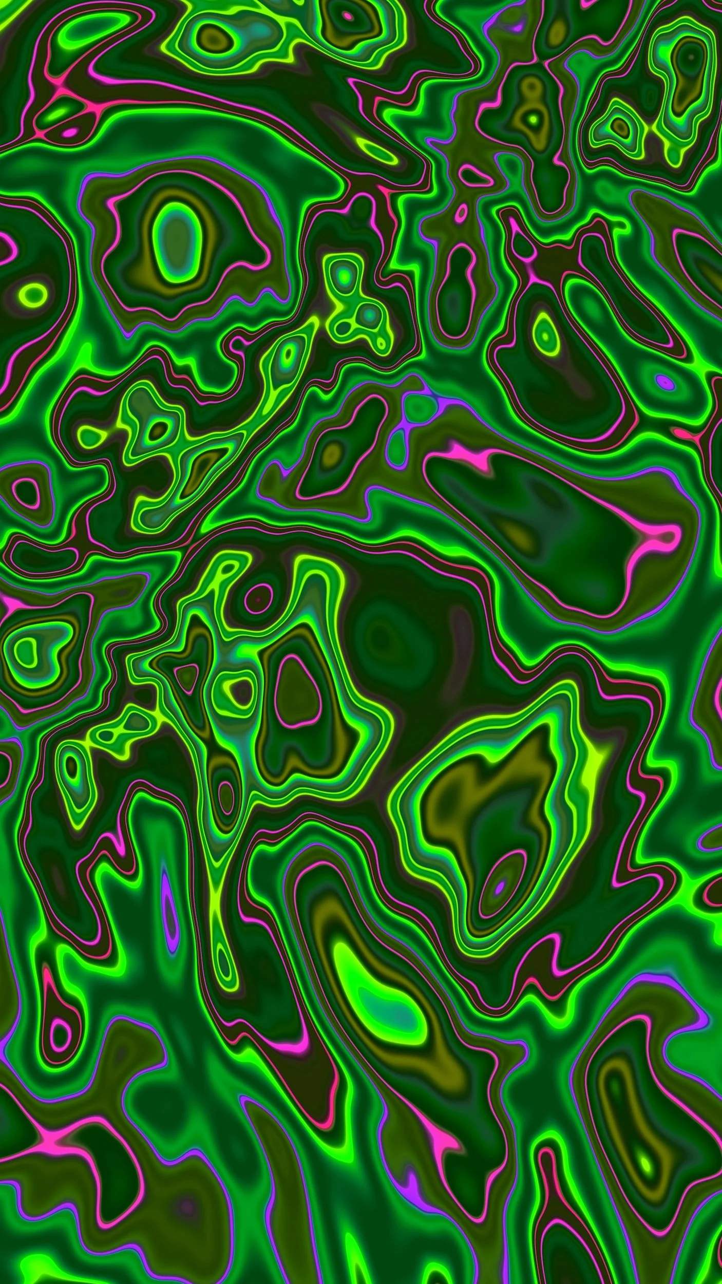 An abstract digital art pattern with swirling neon green, purple, and yellow lines on a dark background, creating a psychedelic or topographic effect.
