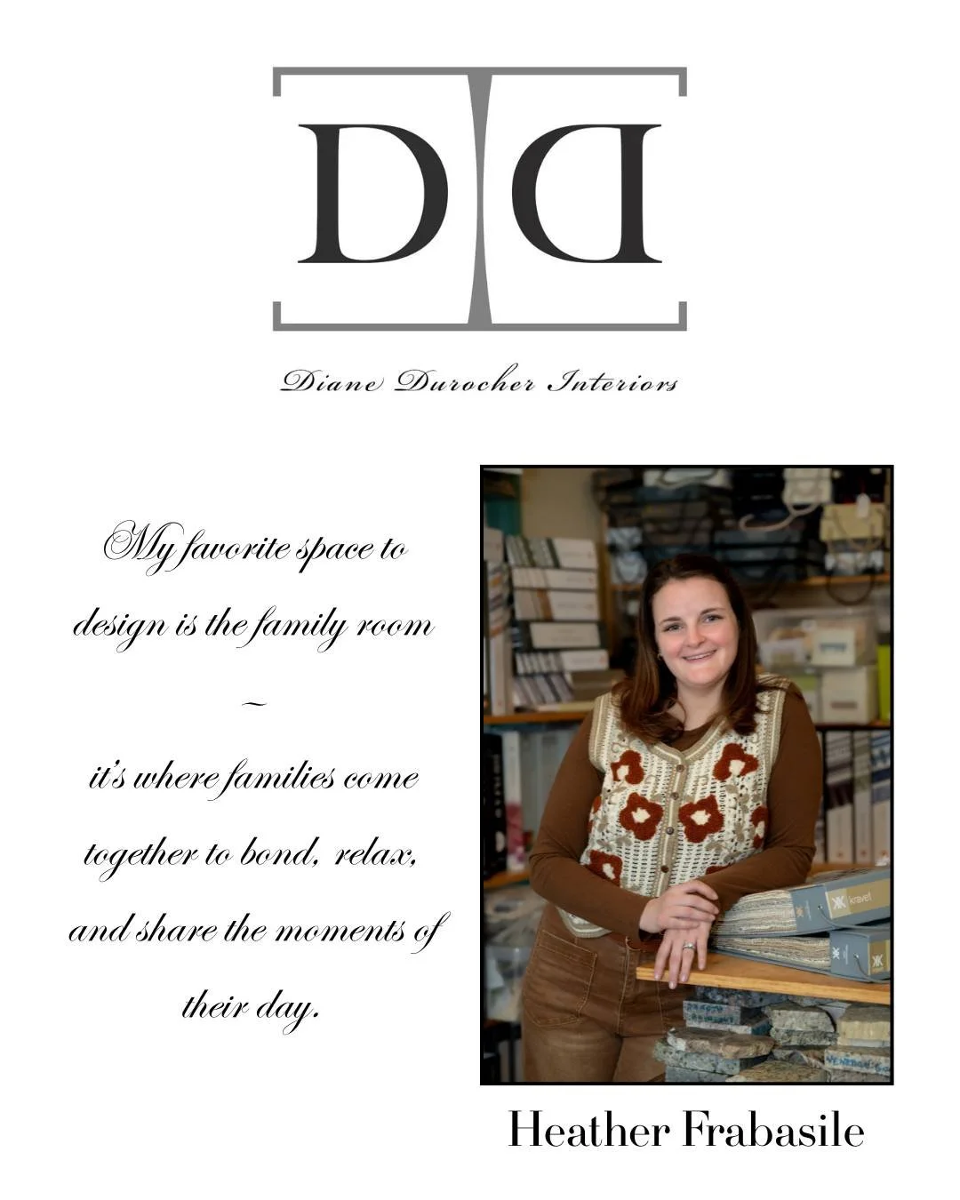 Meet the Designer 
Say hello to Heather Frabasile ~ where creativity meets strategy.
With a Bachelor&rsquo;s Degree in Fine Arts, Interior Design Management from Berkeley College, Heather brings both an artistic eye and a strong foundation in the bus