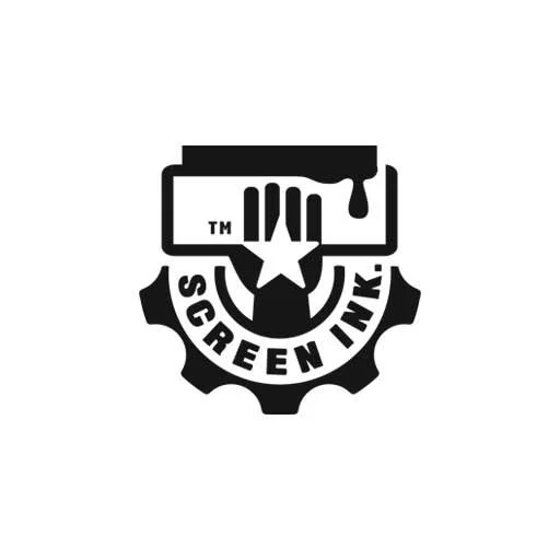 Logo featuring a five-pointed star with a rectangle above it, containing a dripping hand graphic and the text "SCREEN INK." underneath.