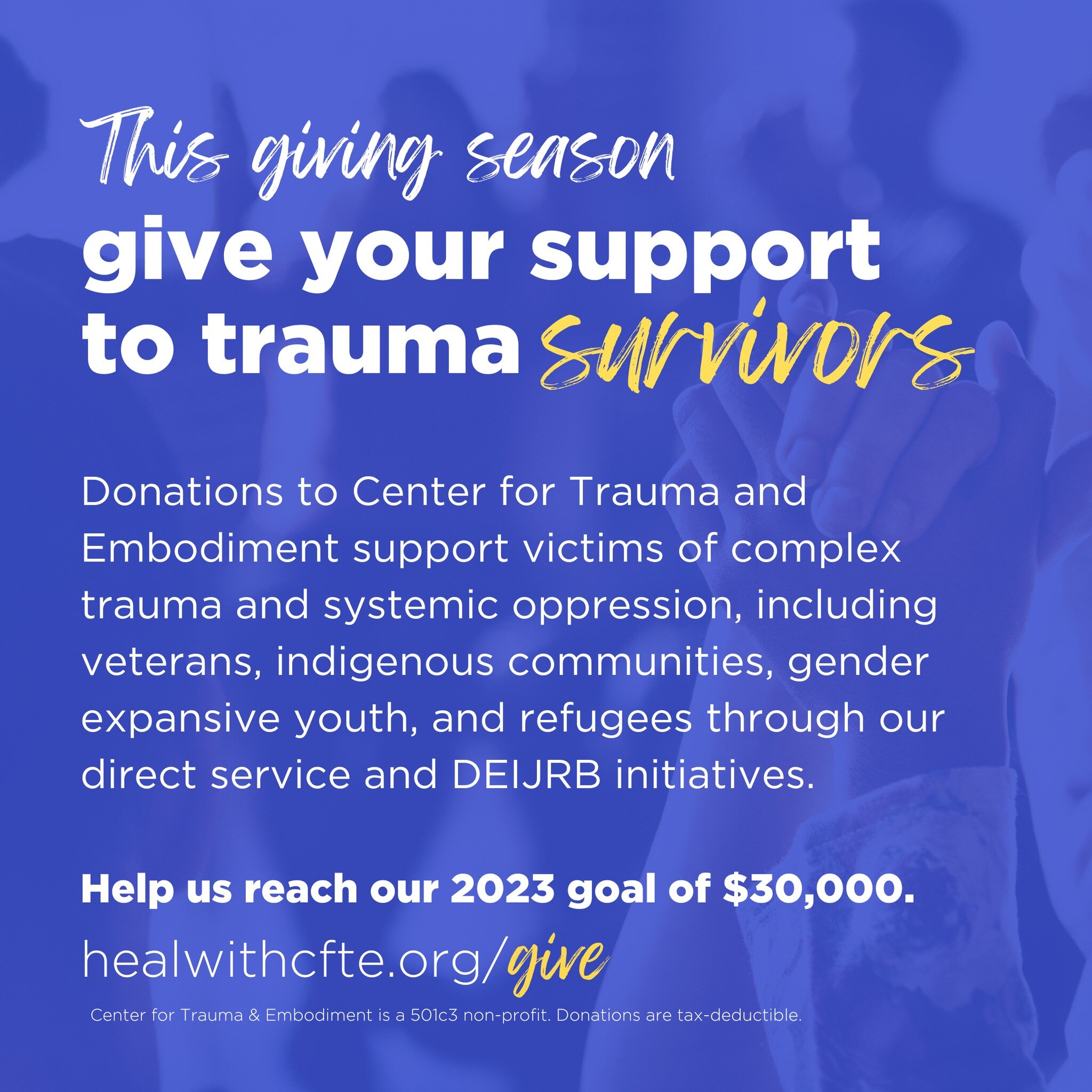 We're just $3,000 shy of our goal!

Your generosity makes healing possible for people around the world by providing direct care services and scholarships to people who have experienced complex trauma and PTSD.

Our care models, TCTSY Trauma Sensitive
