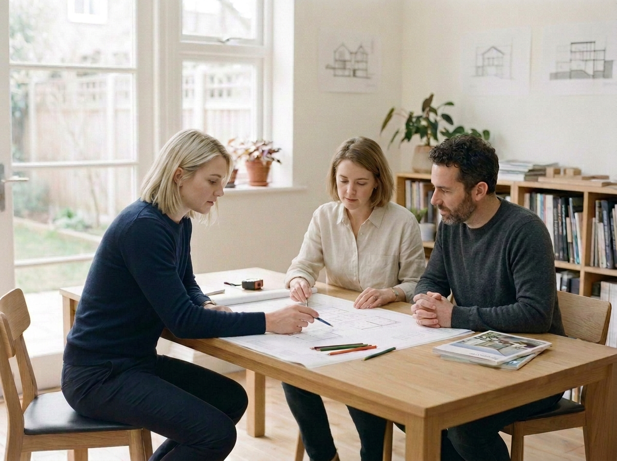 Designer working with homeowners reviewing architectural plans for a second-story addition.