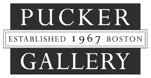 Pucker Gallery logo featuring the gallery's name in white serif lettering on a dark background, with “Established 1967 Boston” across the center.