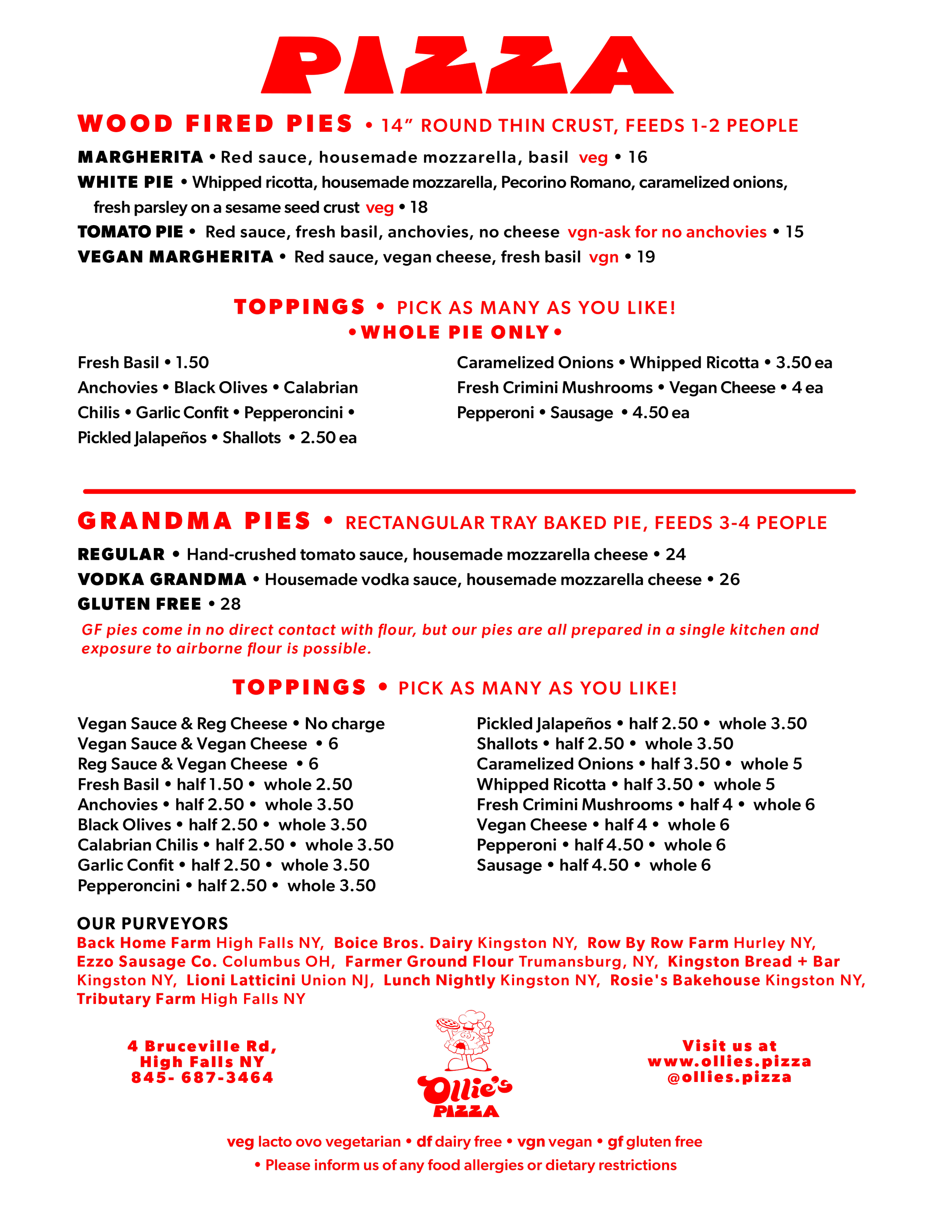 OLLIE'S PIZZA Menu