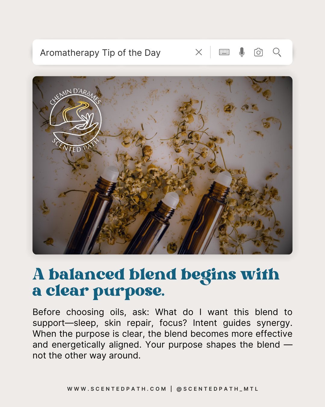 💡 Aromatherapy Tip of the Day
“A balanced blend begins with a clear purpose.”
Before reaching for your oils, pause and ask:
✨ What do I want this blend to support?
Is it for deeper sleep, brighter skin, sharper focus, or emotional groun
