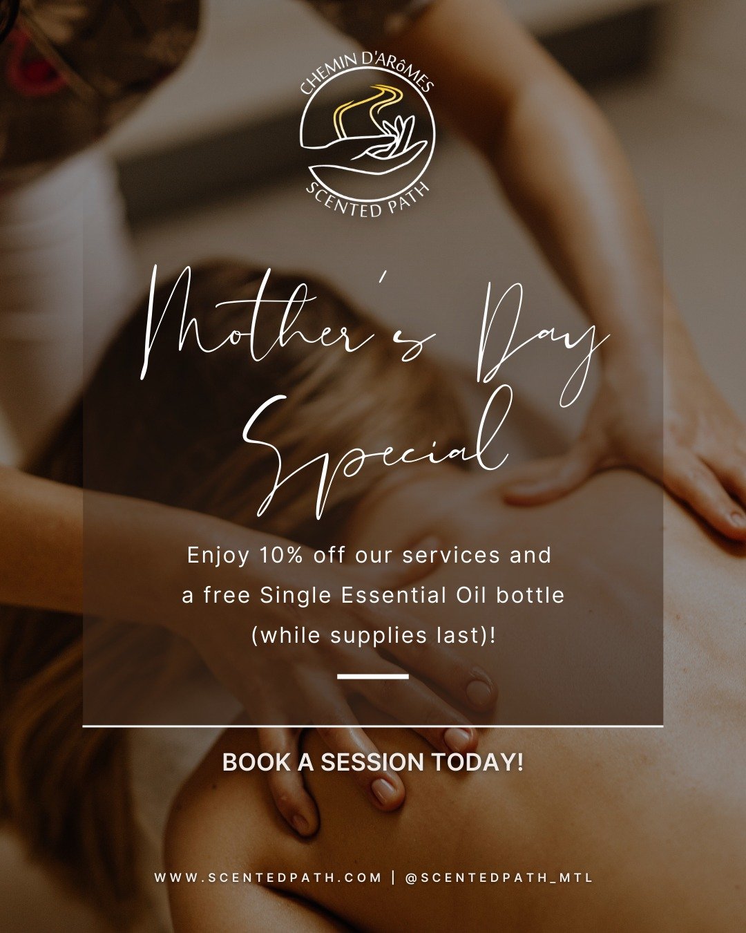 💐 Mother’s Day Special 💐
Celebrate the amazing moms in your life (or treat yourself) with a little extra care:
✨ 10% OFF all services
🎁 Free single essential oil (while supplies last)
Whether it’s a soothing massage, a calming facia