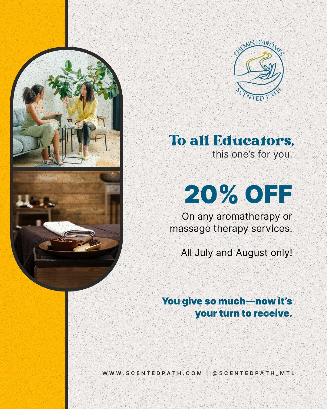 To all the educators, this one’s for you. ✨
You’ve poured your heart into another school year, and now it’s your turn to receive.
All July and August, we’re offering 20% off all Scented Path services for educators. Whether y