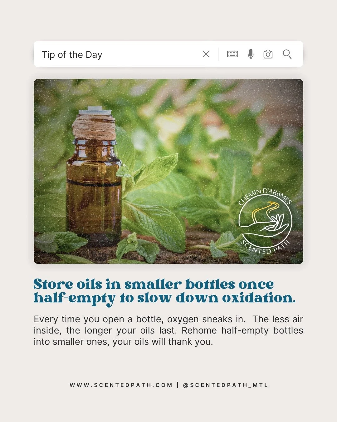 ✨ Aromatherapy Tip ✨
Did you know your essential oils age faster when exposed to air?
Every time you open a bottle, oxygen sneaks in, and too much air speeds up oxidation.
👉 Pro tip: Once your bottle is half-empty, transfer it into a smaller one.