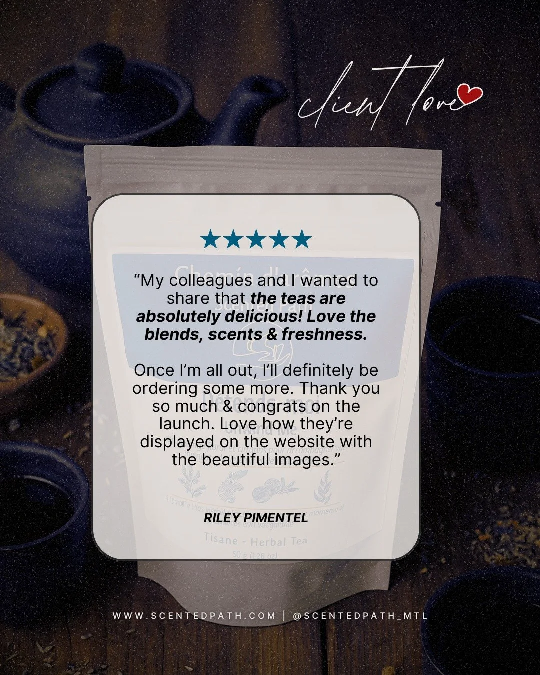 Nothing makes us happier than hearing from our tea lovers!
Riley shared how much they enjoyed the freshness, aroma, and beautiful blends of our herbal teas—and we couldn’t be more grateful. π
From the first sip to the last drop, every