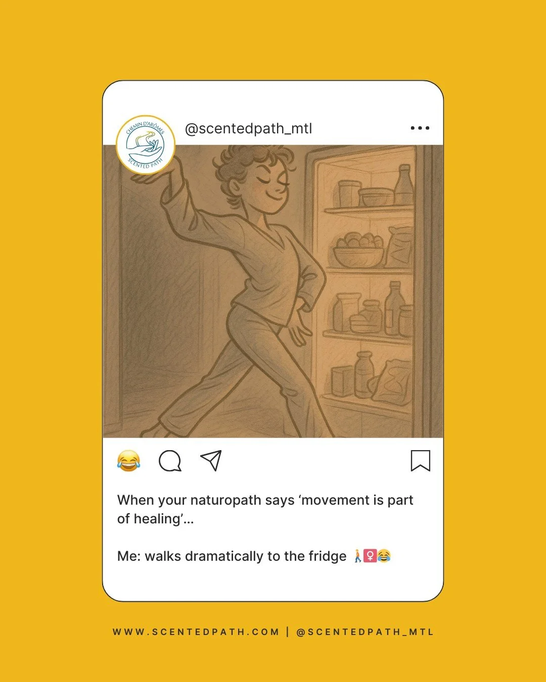 ✨ Movement is part of healing… but sometimes that “movement” looks like a dramatic walk to the fridge. 🚶‍♀️😂
Naturopathy teaches us that even small steps count—but let’s maybe balance fridge trips with actual walk