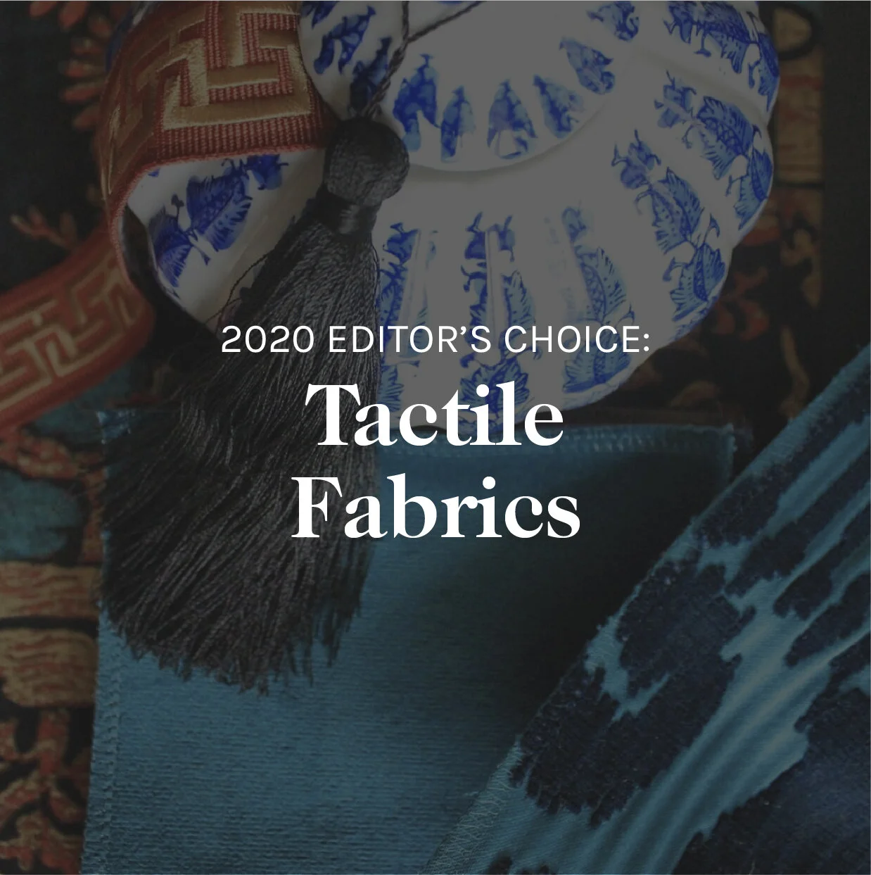 Close-up of tactile fabrics with various textures and patterns, including a fabric with a blue and white print and a woven textile with a dark tassel.