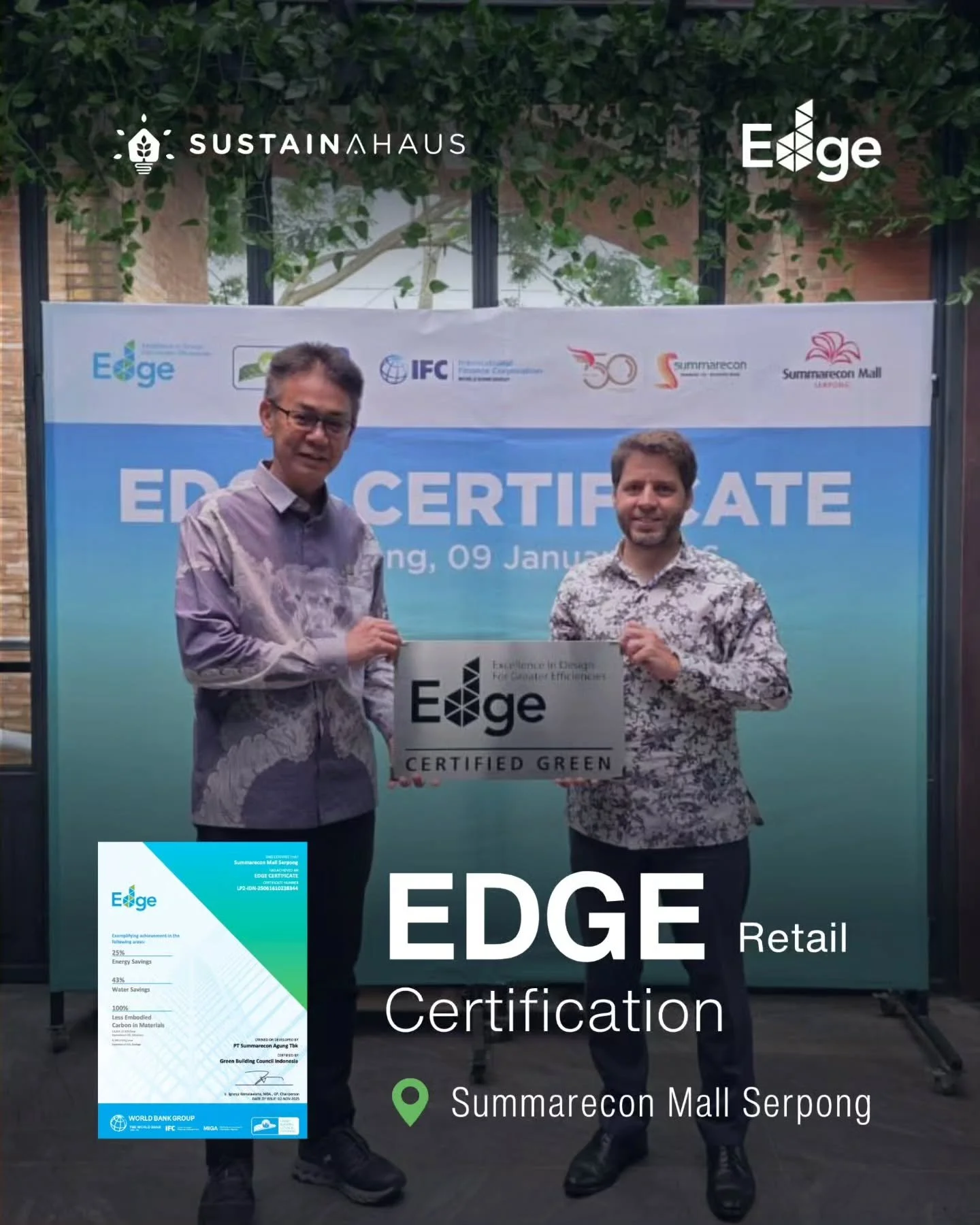 Big congrats to PT Summarecon Agung Tbk. 🎉
Summarecon Mall Serpong is now EDGE Certified!

We had the pleasure of serving as EDGE Auditor, including conducting the site visit and verification process. A great step forward for greener retail spaces i