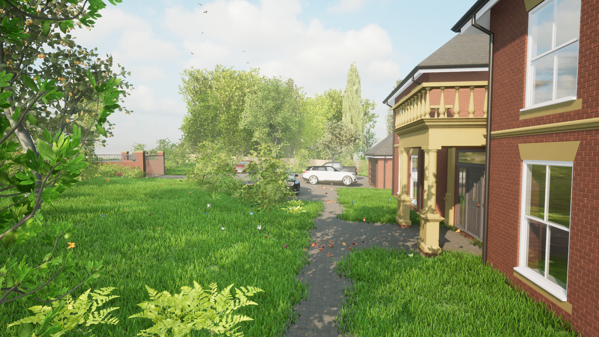 Brick house with large windows and lush greenery in a garden setting, featuring a driveway with parked cars, trees, and a partly cloudy sky.