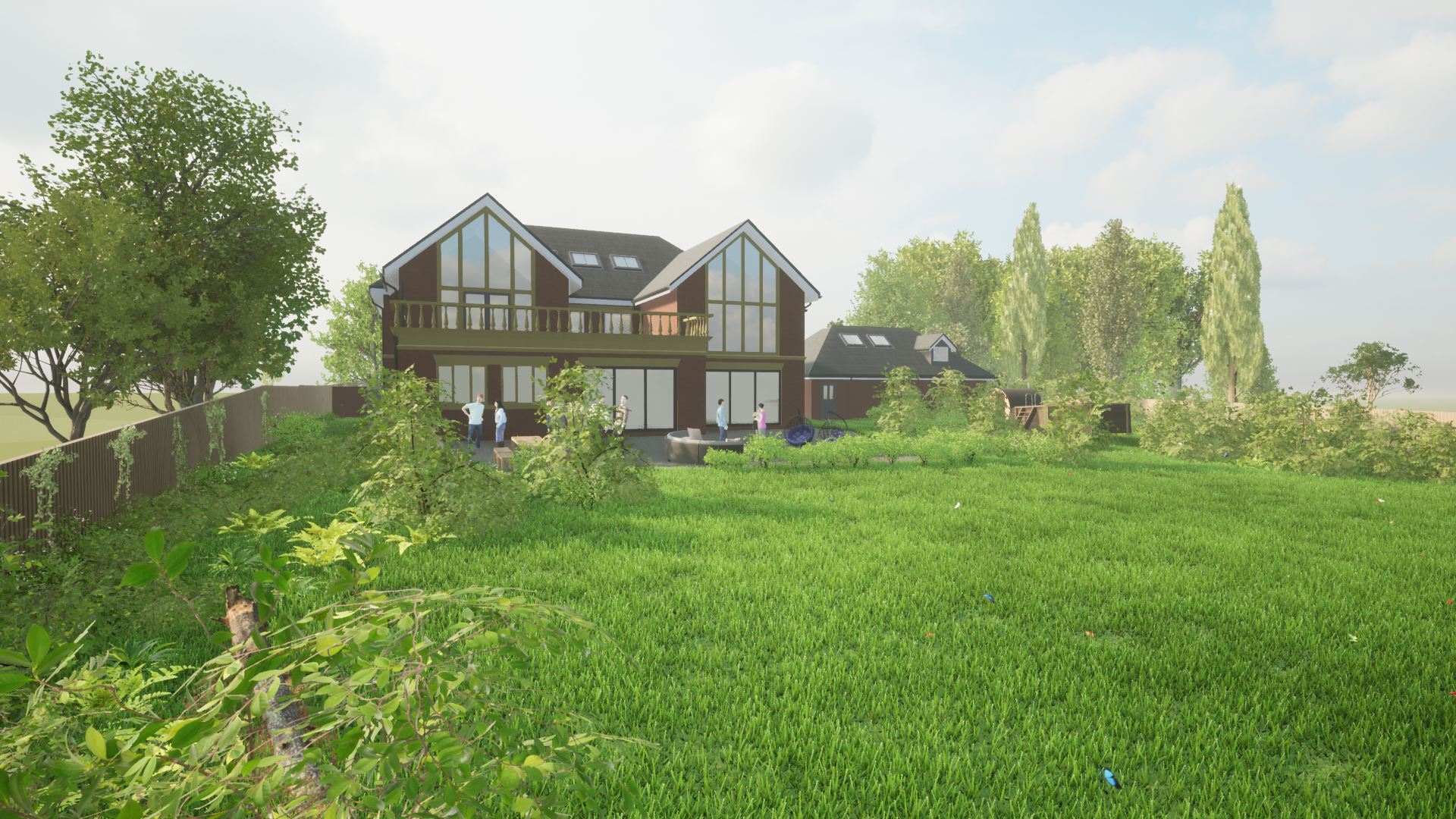 Illustrative aerial view of a new large two-story Georgian styled dwelling with a four-bay garage, set in Green Belt land, Designed by James Fleming Architectural Ltd. #residential #newdwelling #greenbeltdevelopment #jamesflemingarchitectural