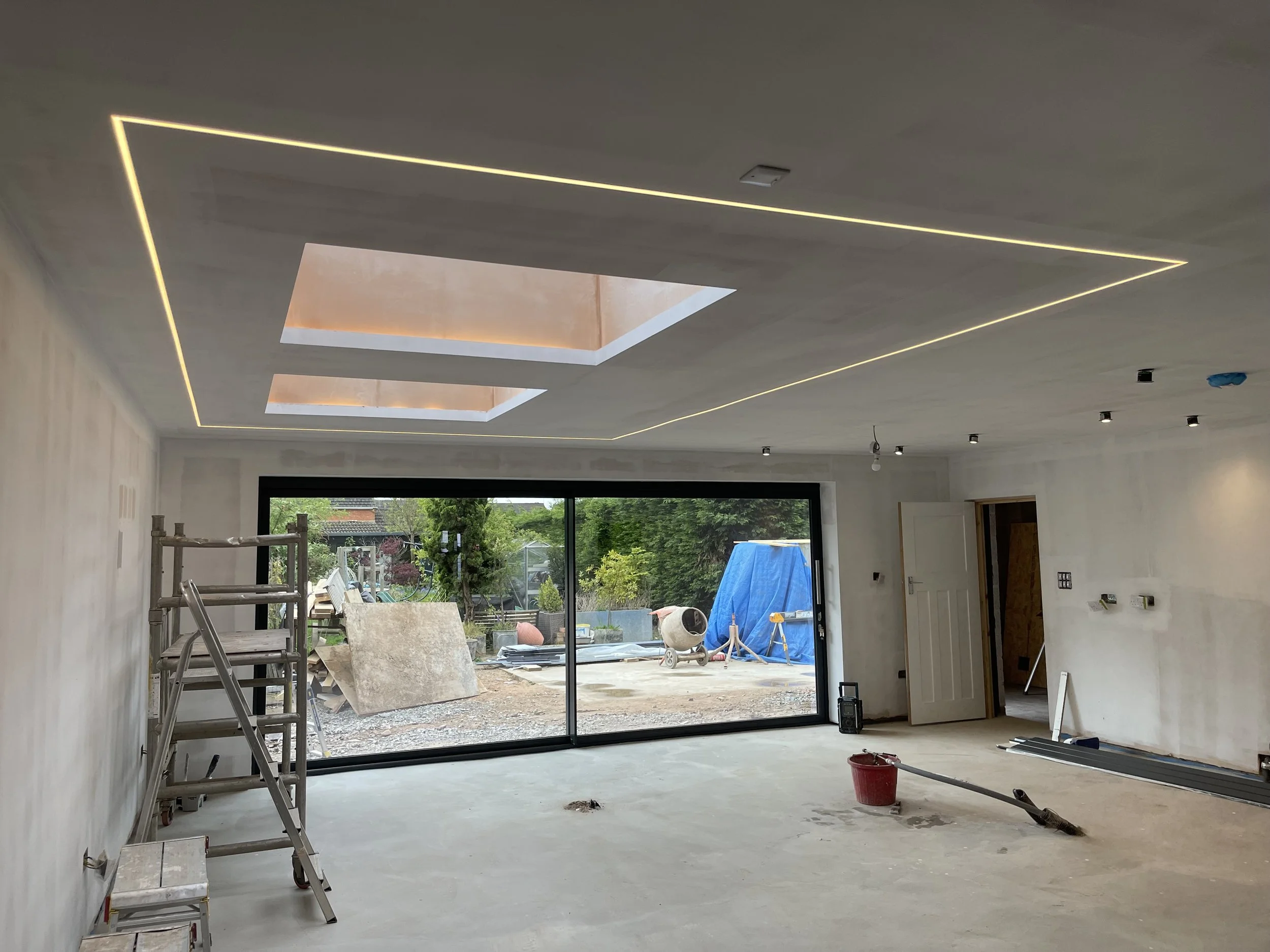 A clients dream space in the making. #sliding doors #rooflanterns #ledstriplighting