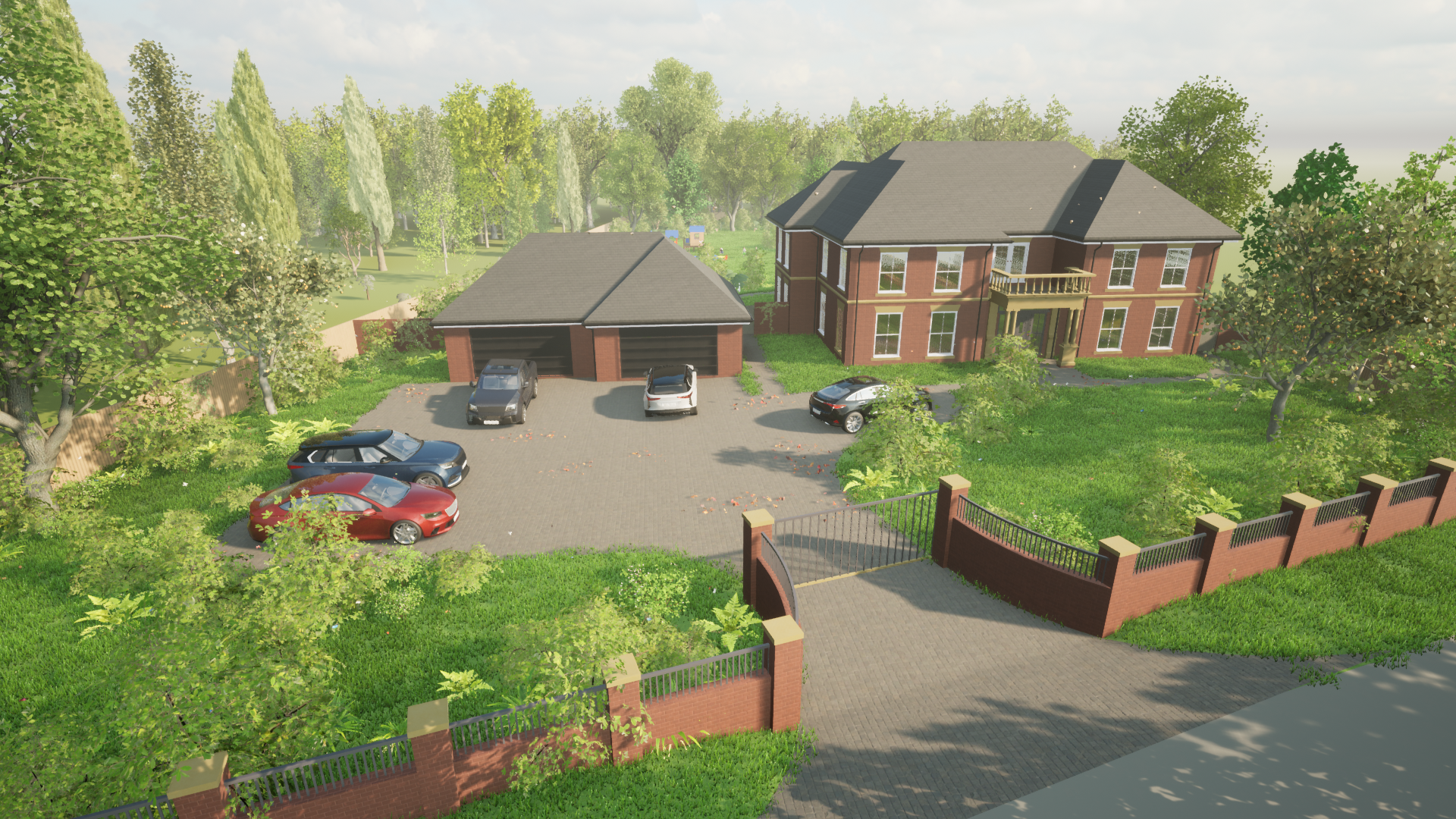 Illustrative aerial view of a new large two-story Georgian styled dwelling with a four-bay garage, set in Green Belt land, Designed by James Fleming Architectural Ltd. #residential #newdwelling #greenbeltdevelopment #jamesflemingarchitectural